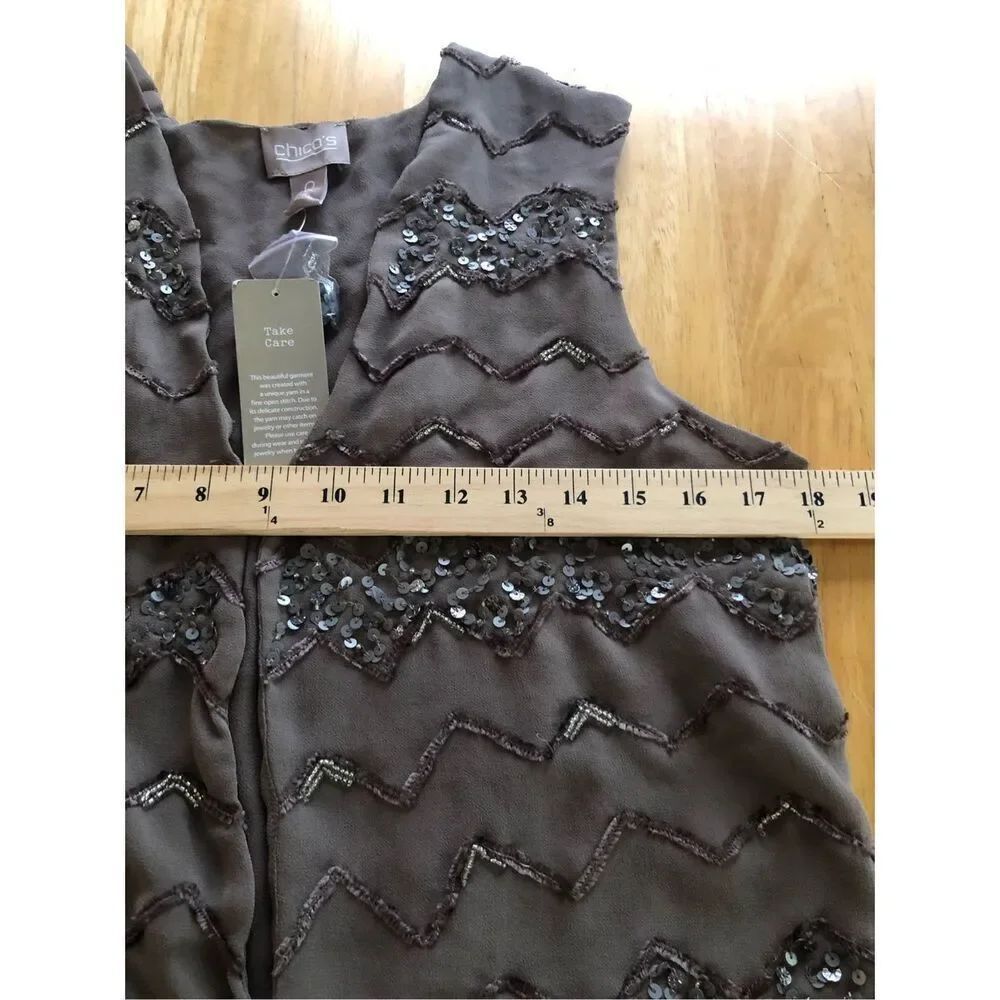 Chico’s Brown Sequin Open Front Vest Size 0 Small NWT - Picture 6 of 12